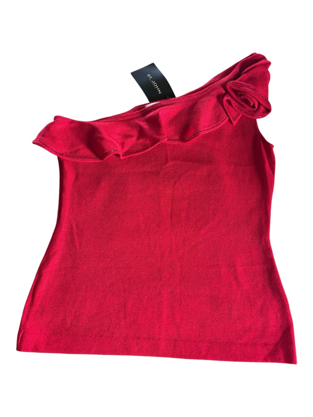 NWT St. John One-Shoulder Rose-Accent Red Knit Tank Sz L